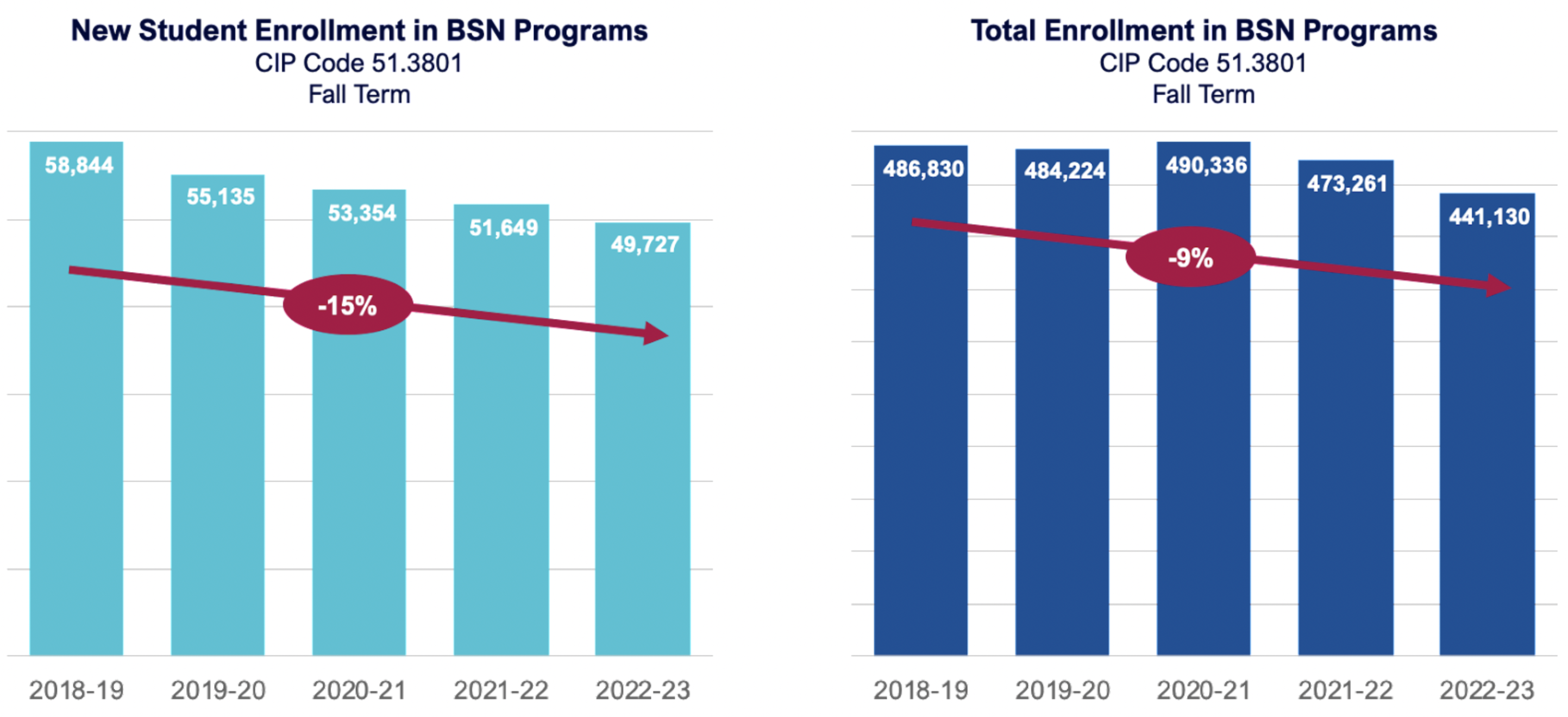 2 Charts. Chart 1: New student Enrollment in BSN Programs (CIP Code 51.3801, Fall term) Chart 2: Total Enrollment in BSN Programs (CIP Code 51.3801, Fall Term)